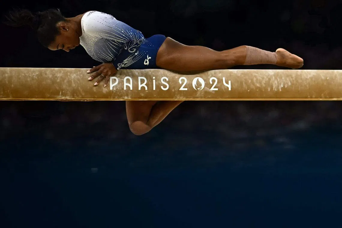 US gymnast Simone Biles competing at the Paris 2024 Olympic Games, on Aug 5.