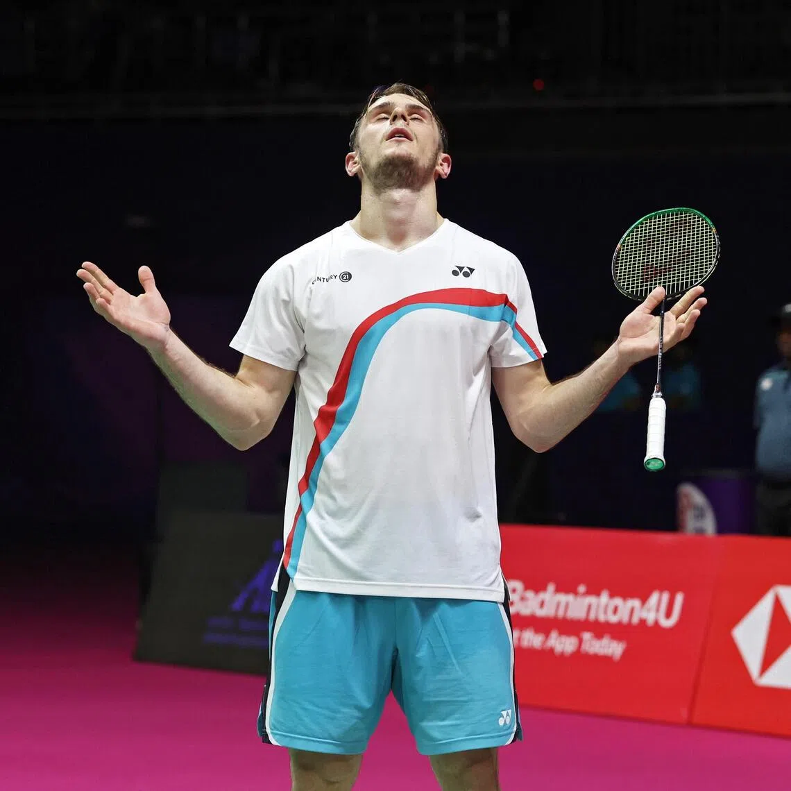 Frenchman Alex Lanier celebrates winning his men’s singles quarter-final against Thailand’s Kunlavut Vitidsarn at the BWF World Championships in New Delhi, India on Aug 21.