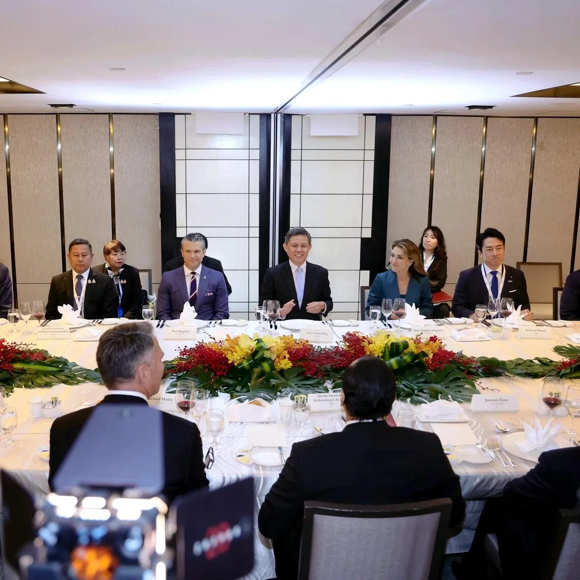 Defence Minister Chan Chun Sing (fourth from right) hosting a meeting of visiting ministers and their representatives, including his counterparts (from left) Robertas Kaunas of Lithuania, Guido Crosetto of Italy, Adul Boonthumjaroen of Thailand, Pete Hegseth of the US, Dilan Yesilgoz-Zegerius of the Netherlands, Shinjiro Koizumi of Japan and Gilberto Teodoro Jr of the Philippines, at the Shangri-La Dialogue on May 30.