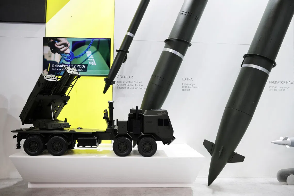 A PULS multiple rocket launcher miniature and artillery rockets by Israeli Elbit Systems is exhibited at the DEFEA Defence Exhibition, in Athens, Greece, May 8, 2025. REUTERS/Louiza Vradi