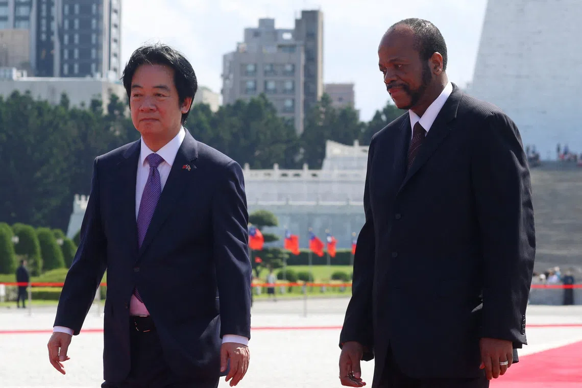 Taiwan's President Lai Ching-te and Eswatini's King Mswati III attend a welcome ceremony in Taipei, Taiwan, October 9, 2026. REUTERS/Tsai Hsin-Han
