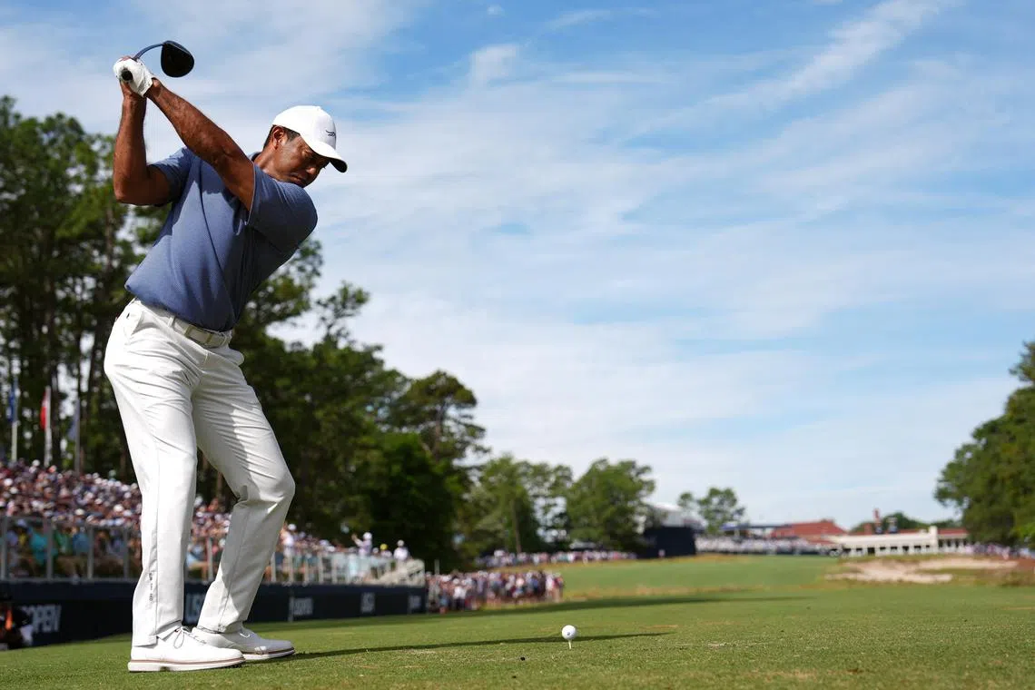 Jun 10, 2024; Pinehurst, North Carolina, USA; Tiger Woods tees off on the 18th hole during a practice round for the U.S. Open golf tournament at Pinehurst No. 2. Mandatory Credit: Katie Goodale-USA TODAY Sports