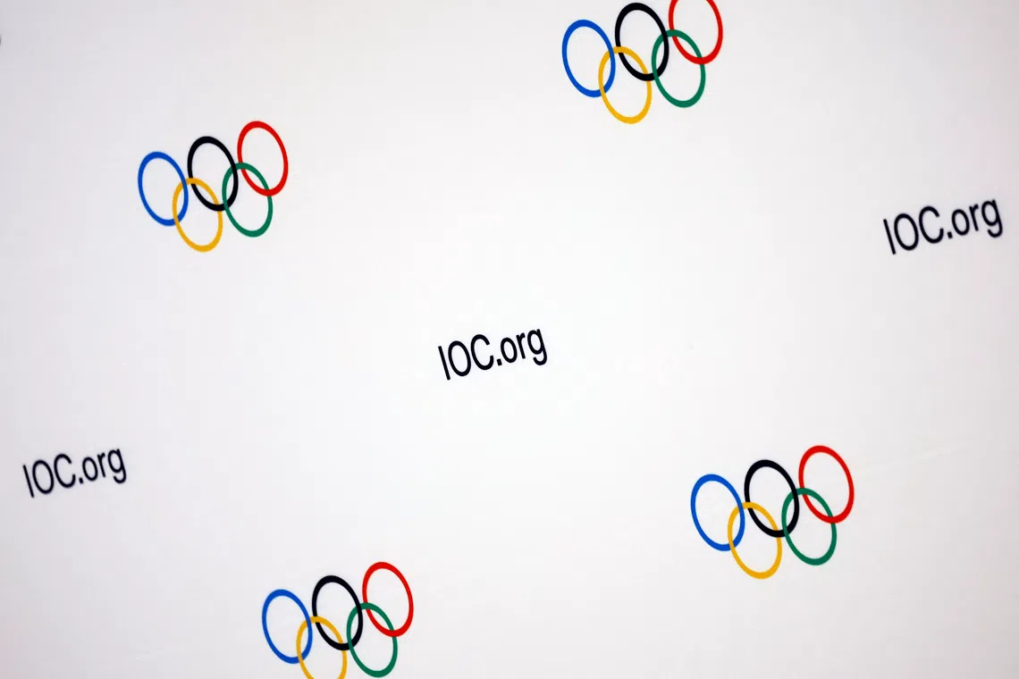 Olympics - IOC Executive Board meeting - Salon Hoche, Paris, France - November 29, 2023 Olympic logos are seen before a press conference REUTERS/Sarah Meyssonnier