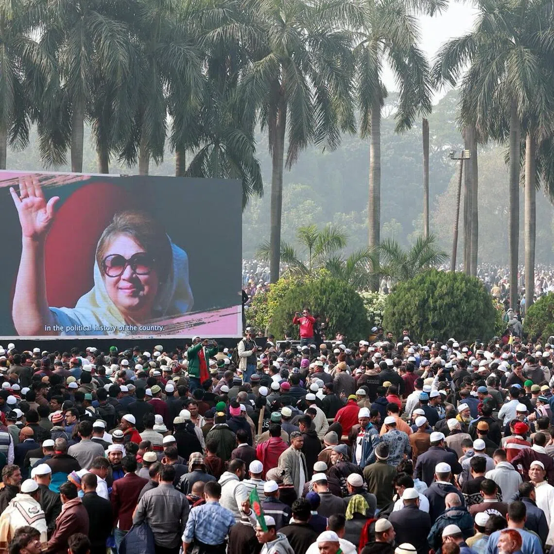Mourners gather to pay their respects to Bangladesh’s former prime minister Khaleda Zia on Dec 31, 2025.