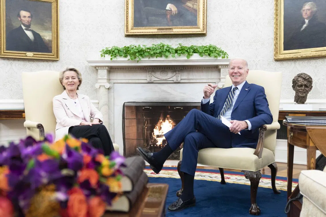 European Commission president Ursula von der Leyen (left) and US President Joe Biden sit for talks in the Oval Office of the White House, on March 10, 2023.