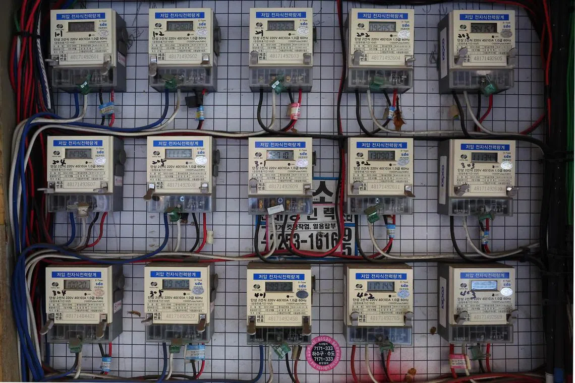 Electric meters are installed at a multi-housing area in Seoul, South Korea, on Dec 30, 2022.