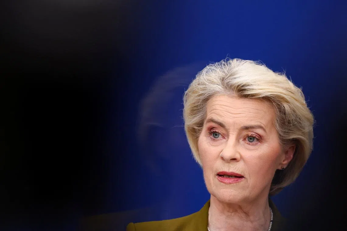 European Commission President Ursula von der Leyen speaks to the press on the 21st sanctions package against Russia in Brussels, Belgium, June 9, 2026. REUTERS/Yves Herman