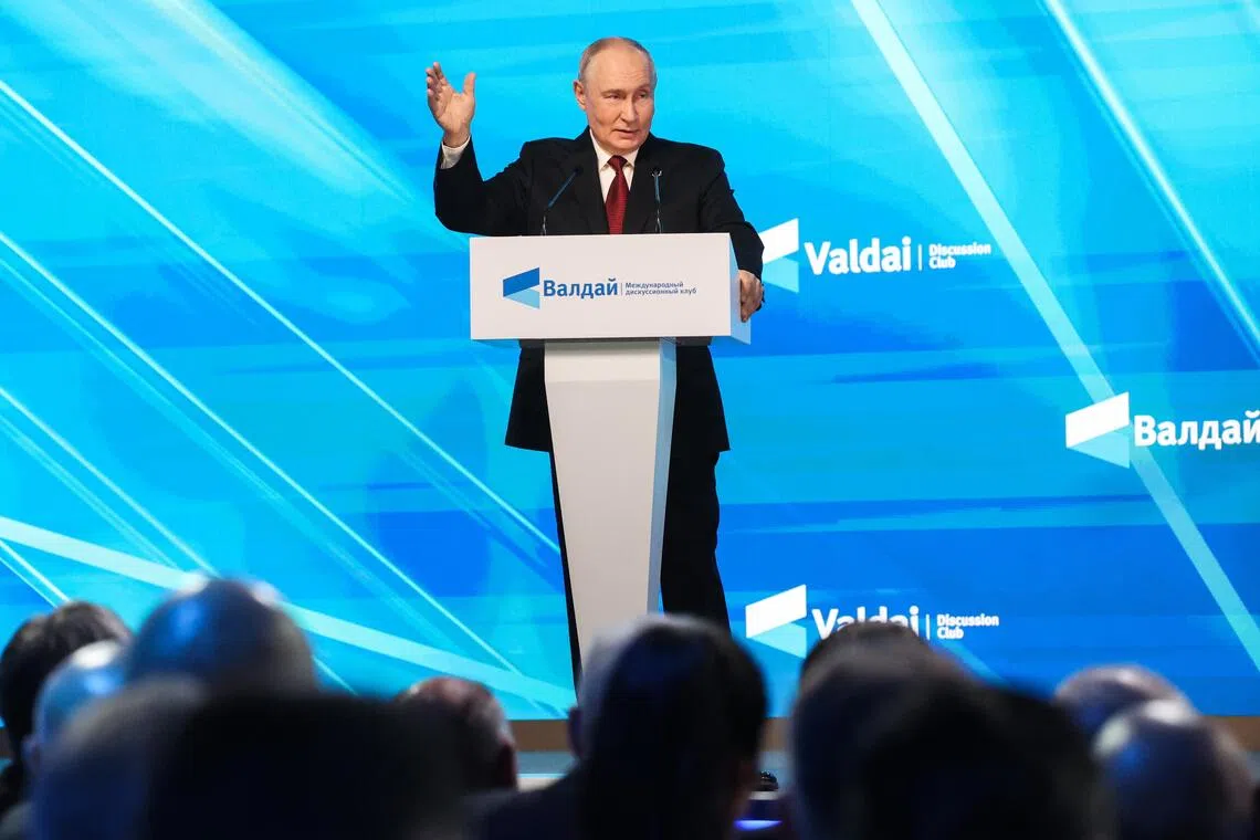 Russian President Vladimir Putin delivering a speech in Moscow, Russia, on Oct 1.
