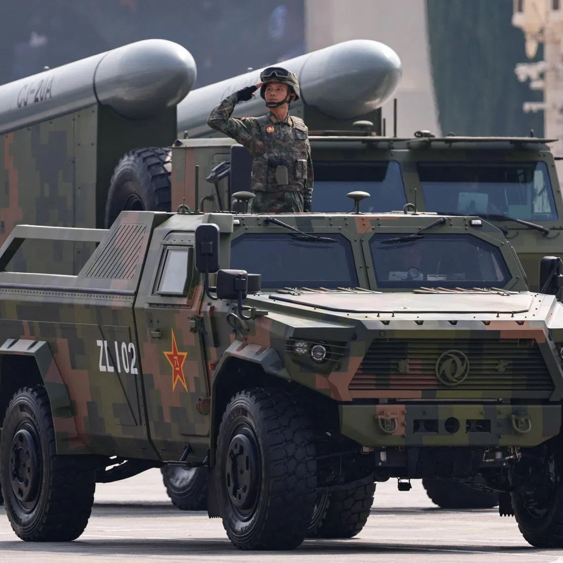 Strategic strike group displays CJ-20A cruise missiles during a military parade to mark the 80th anniversary of the end of World War Two, in Beijing, China, September 3, 2025. REUTERS/Tingshu Wang