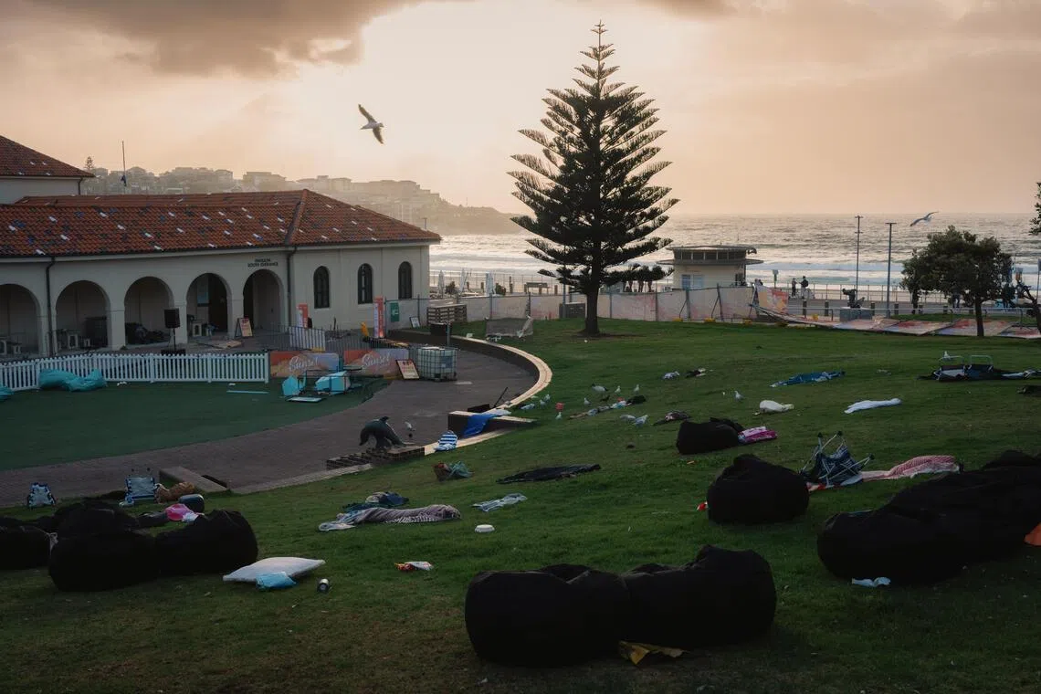 Items remain at the outdoor theatre and the Bondi Pavilion, which was in use at the time of the shooting, in Bondi Beach in Sydney, Australia, on Dec 15, 2025.