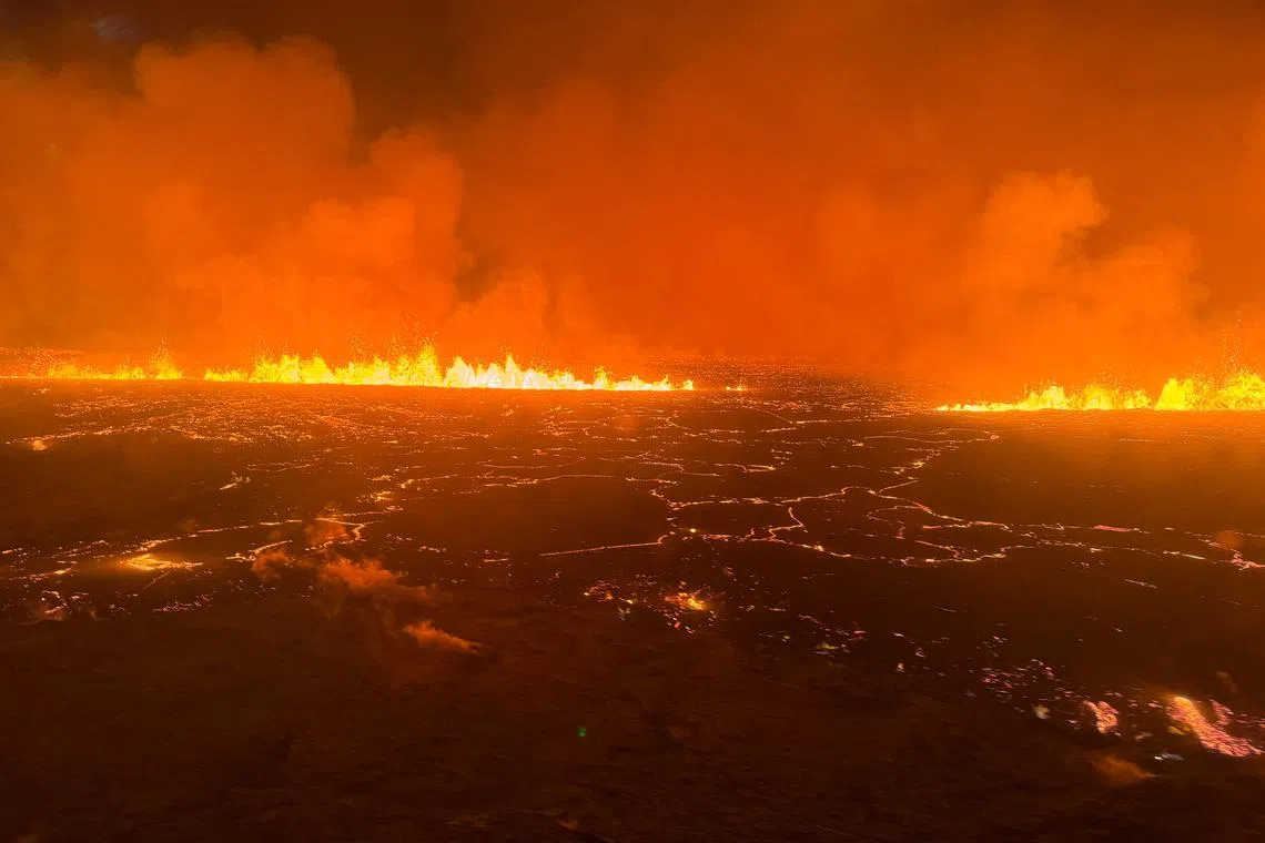 The eruption late on Dec 18 on the Reykjanes peninsula in south-west Iceland spewed lava and smoke more than 100m into the air.