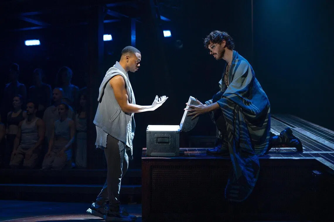 American actors Javon King (left) and Grant Hodges (right), playing Judas and Caiaphas respectively in the musical Jesus Christ Superstar.