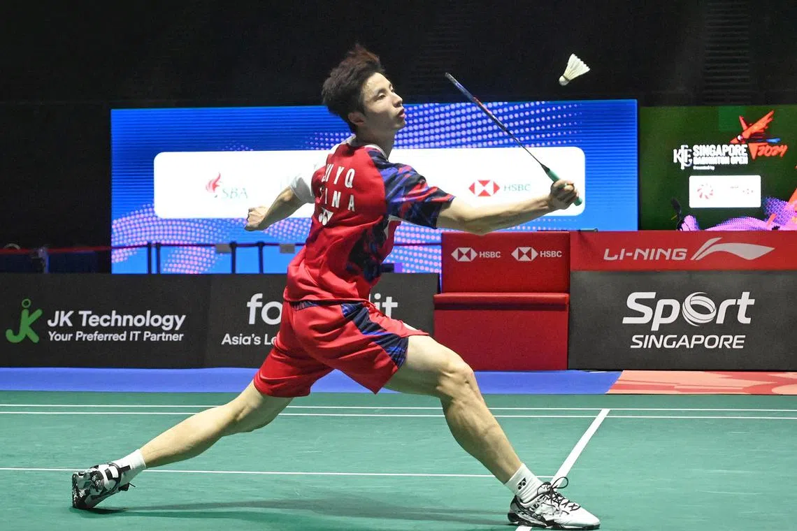 KFF Singapore Badminton Open finals:
China's Shi Yuqi in action . He won 2-1 against Li Shifeng  in the men's singles finals on 2 June 2024 at the Indoor stadium.