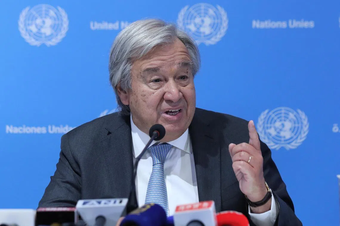 epa10848811 United Nations Secretary General Antonio Guterres addresses a press conference ahead of G20 summit in New Delhi, India, 08 September 2023. The Indian capital is all set for the G20 summit scheduled for 09 and 10 September.  EPA-EFE/RAJAT GUPTA