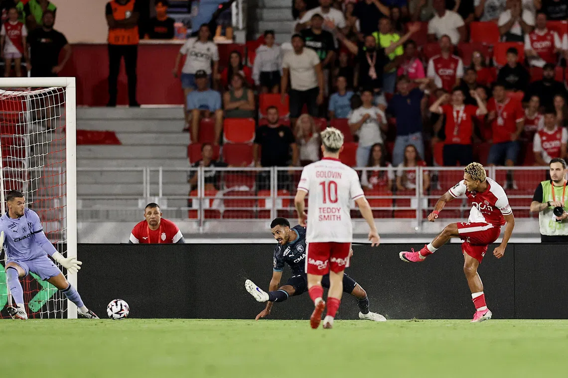 Soccer Football - Ligue 1 - AS Monaco v Olympique de Marseille - Stade Louis II, Monaco - August 30, 2026 AS Monaco's Paris Brunner scores their second goal REUTERS/Manon Cruz