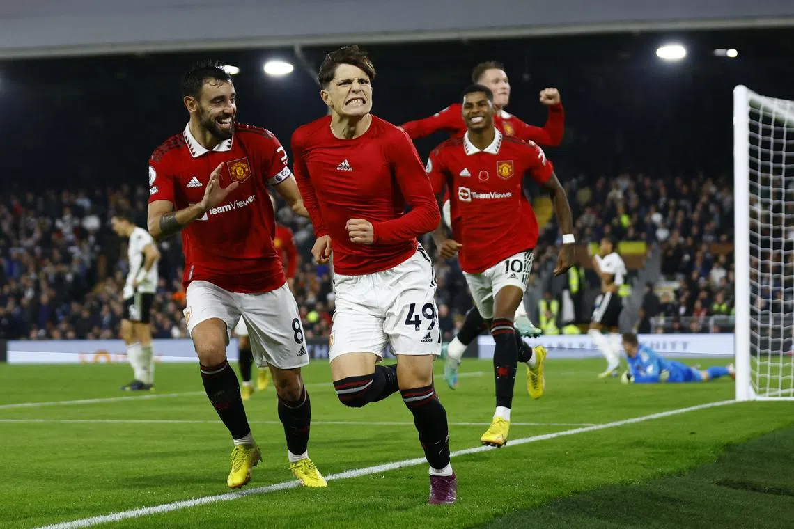 Manchester United's Alejandro Garnacho celebrates scoring their second goal with Bruno Fernandes.