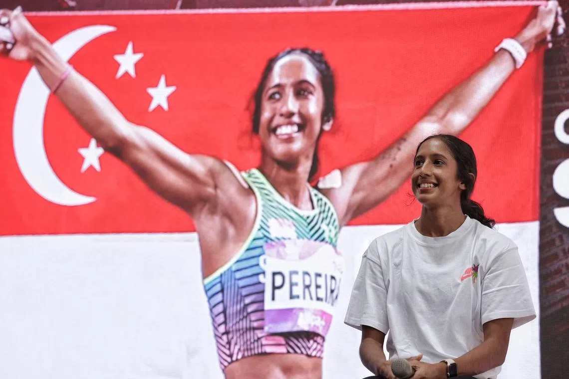 Asian Games women’s 200m sprint champion Shanti Pereira taking questions from residents at Tampines West Community Club on Jan 27, 2024.