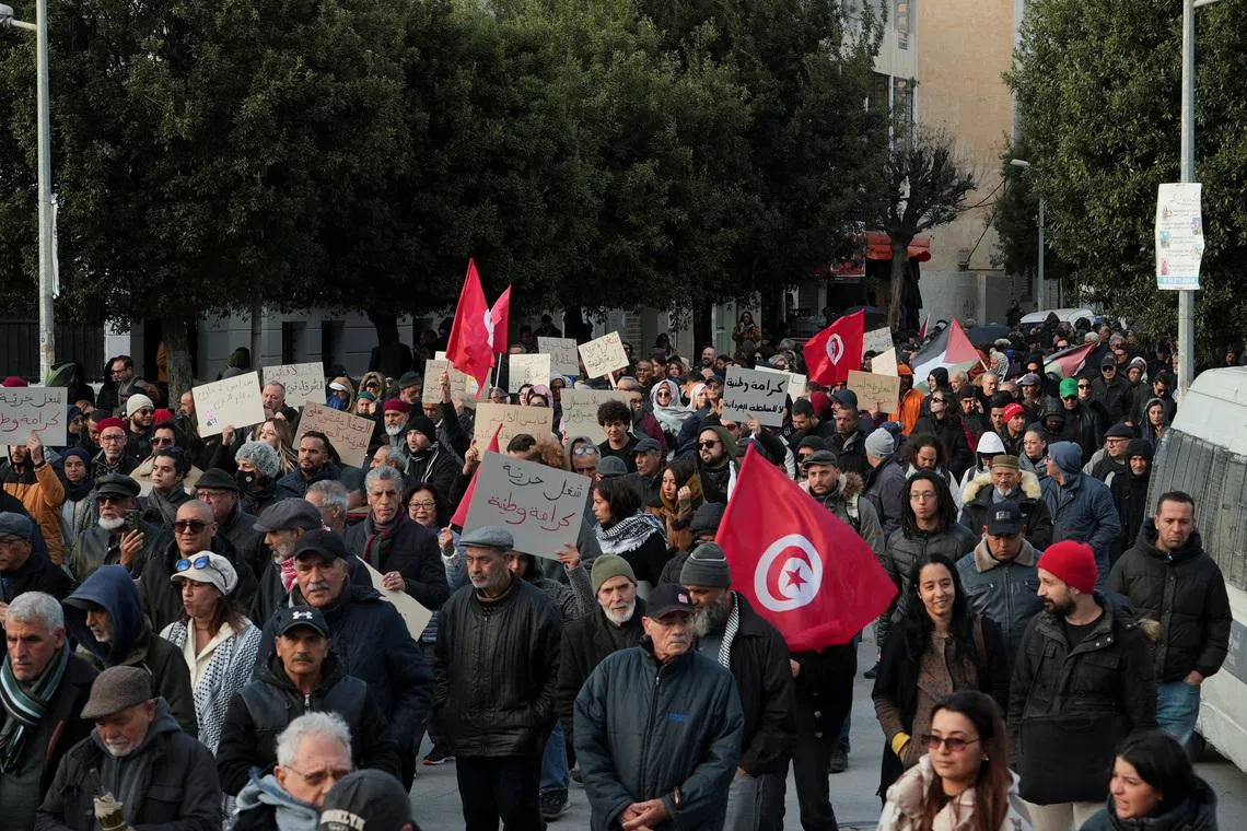 Activists and political opponents protest against Tunisian President Kais Saied and calling for an end to one-man rule and the restoration of democracy, in Tunis, Tunisia January 10, 2026. REUTERS/Jihed Abidellaoui