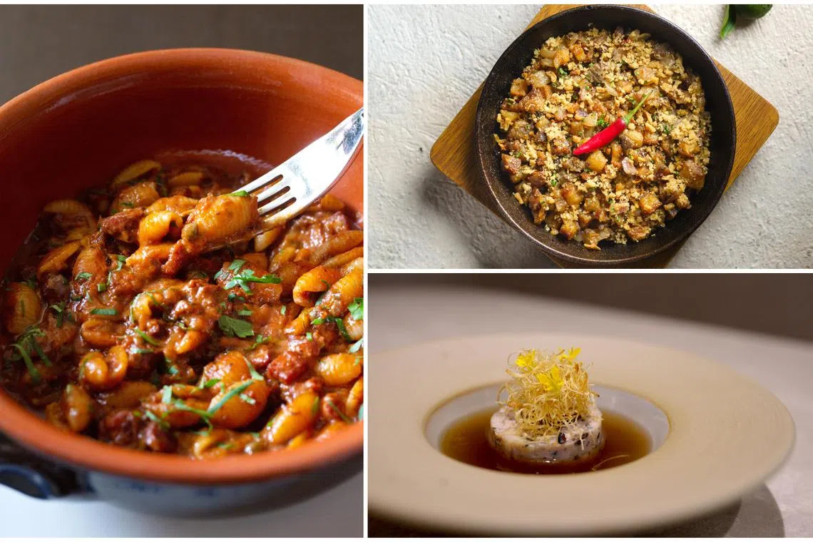 (Clockwise from left) Locanda's Malloreddus pasta with red wine octopus ragu and capers, Crispy Sisig at Hayop, and Onmi's take on samgyetang, Samgyesun.