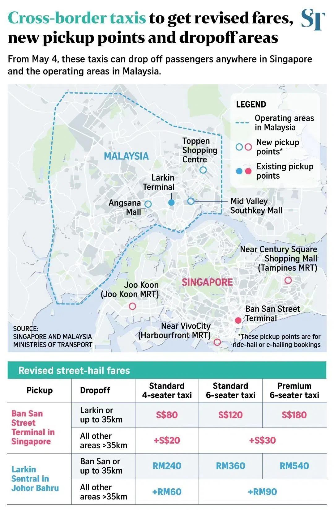 Map with revised fares, new pickup points and dropoff areas for cross-border taxis