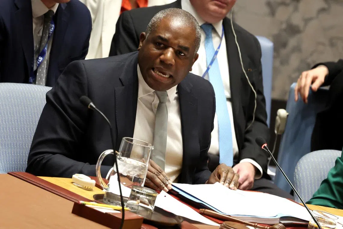 FILE PHOTO: Britain's Foreign Secretary David Lammy addresses the UN Security Council, as chair, during a meeting on the situation on Sudan and South Sudan, at U.N. headquarters in New York City, U.S., November 18, 2024.  REUTERS/Brendan McDermid/File Photo