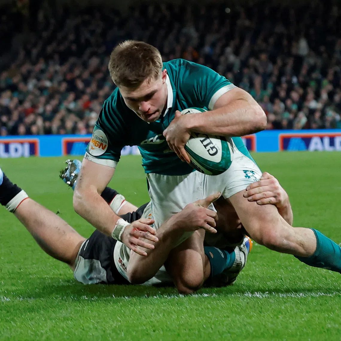 FILE PHOTO: Rugby Union - Six Nations Championship - Ireland v Wales - Aviva Stadium, Dublin, Ireland - March 6, 2026 Ireland's Jack Crowley scores their second try REUTERS/Clodagh Kilcoyne/File Photo