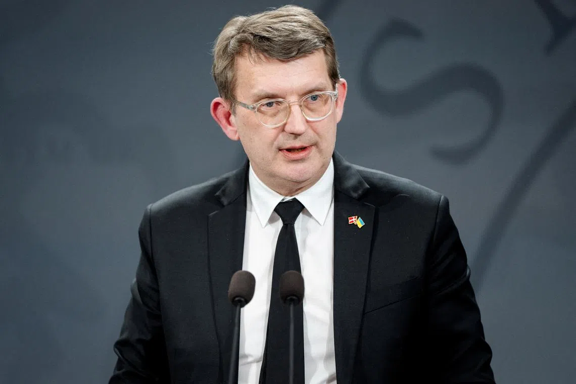 FILE PHOTO: Denmark's Defense Minister Troels Lund Poulsen during a press conference in the Mirror Hall at the Prime Minister's Office in Copenhagen on Wednesday, February 19, 2025. Ritzau Scanpix/Mads Claus Rasmussen/via REUTERS/File Photo
