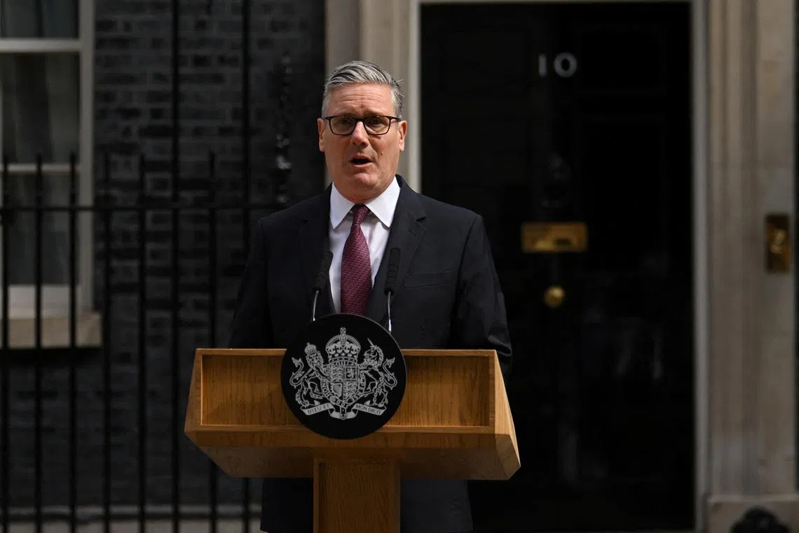 British Prime Minister Keir Starmer announcing his resignation outside 10 Downing Street on June 22.