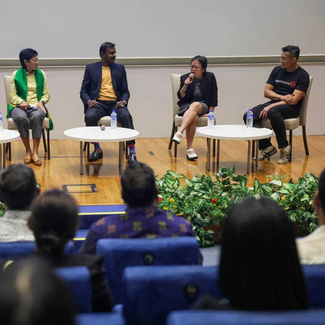 (From left) Moderator Luo Chen Jun, partnerships manager at Common Purpose and a Silent Heroes alumnus; Ms Ang Bee Lian, senior adviser at the Ministry of Social and Family Development; Mr MP Sellvem, founding chairman of Singapore Silent Heroes; Dr Trina Tan, senior lecturer at Republic Polytechnic; and Mr David Chua, chief executive officer of the National Youth Council, during a panel discussion at the Singapore Silent Heroes “Impact for Humanity” symposium at Republic Polytechnic on March 5.