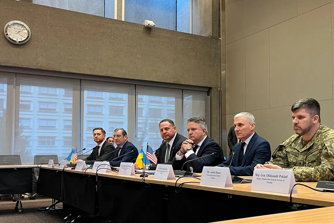 Head of the Office of the President of Ukraine Andriy Yermak sits with other members of the Ukrainian delegation before closed-door talks with a U.S. delegation on ending Russia's war in Ukraine, at the U.S. Mission in Geneva, Switzerland, November 23, 2025. REUTERS/Emma Farge