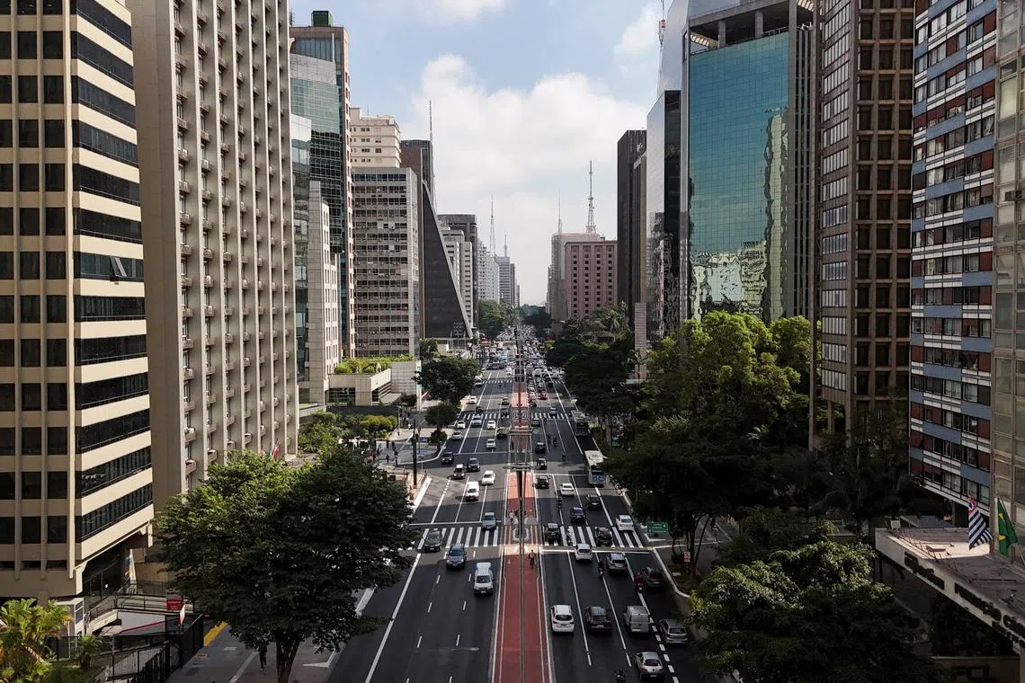 FILE PHOTO: A drone view shows Paulista Avenue in Sao Paulo, Brazil April 26, 2024. REUTERS/Amanda Perobelli/File Photo