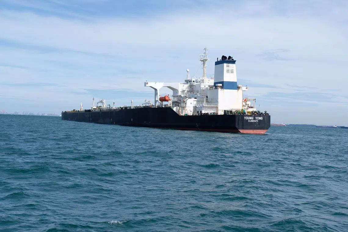 A Djibouti flagged tanker grounded off the Tankong Kecil in the Riau Islands, in the busy Singapore Strait on Oct 26.