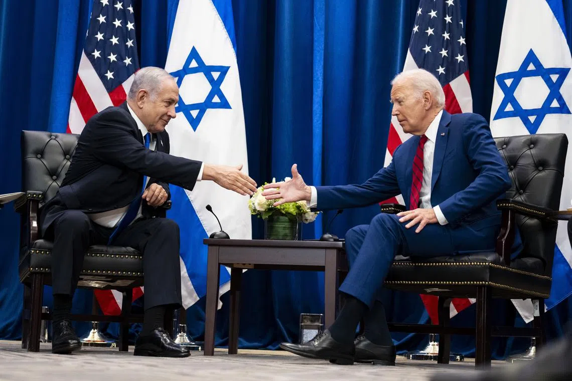 US President Joe Biden with Israel Prime Minister Benjamin Netanyahu during a meeting in New York, on Sept 20, 2023.