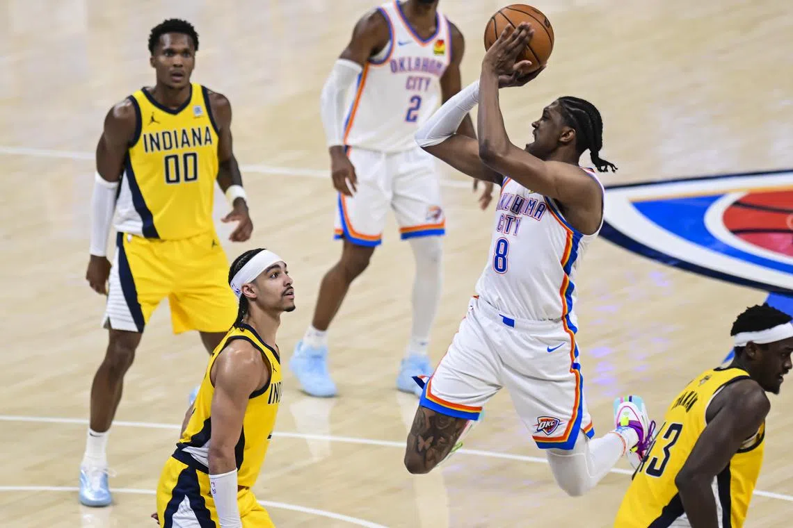 Oklahoma City Thunder forward Jalen Williams shoots the ball during the second half of game five of the NBA finals between the Oklahoma City Thunder and the Indiana Pacers.