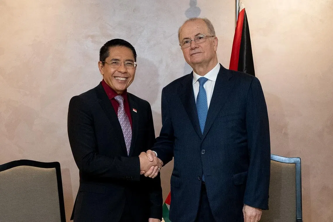 Second Minister for Foreign Affairs Maliki Osman (left) with Palestinian Authority PM Mohammed Mustafa on the sidelines of the ministerial conference on Dec 2.