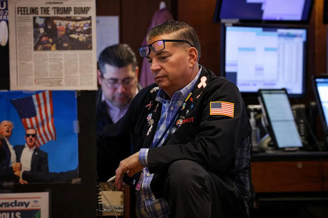 Traders working on the floor of the New York Stock Exchange, in New York City.  