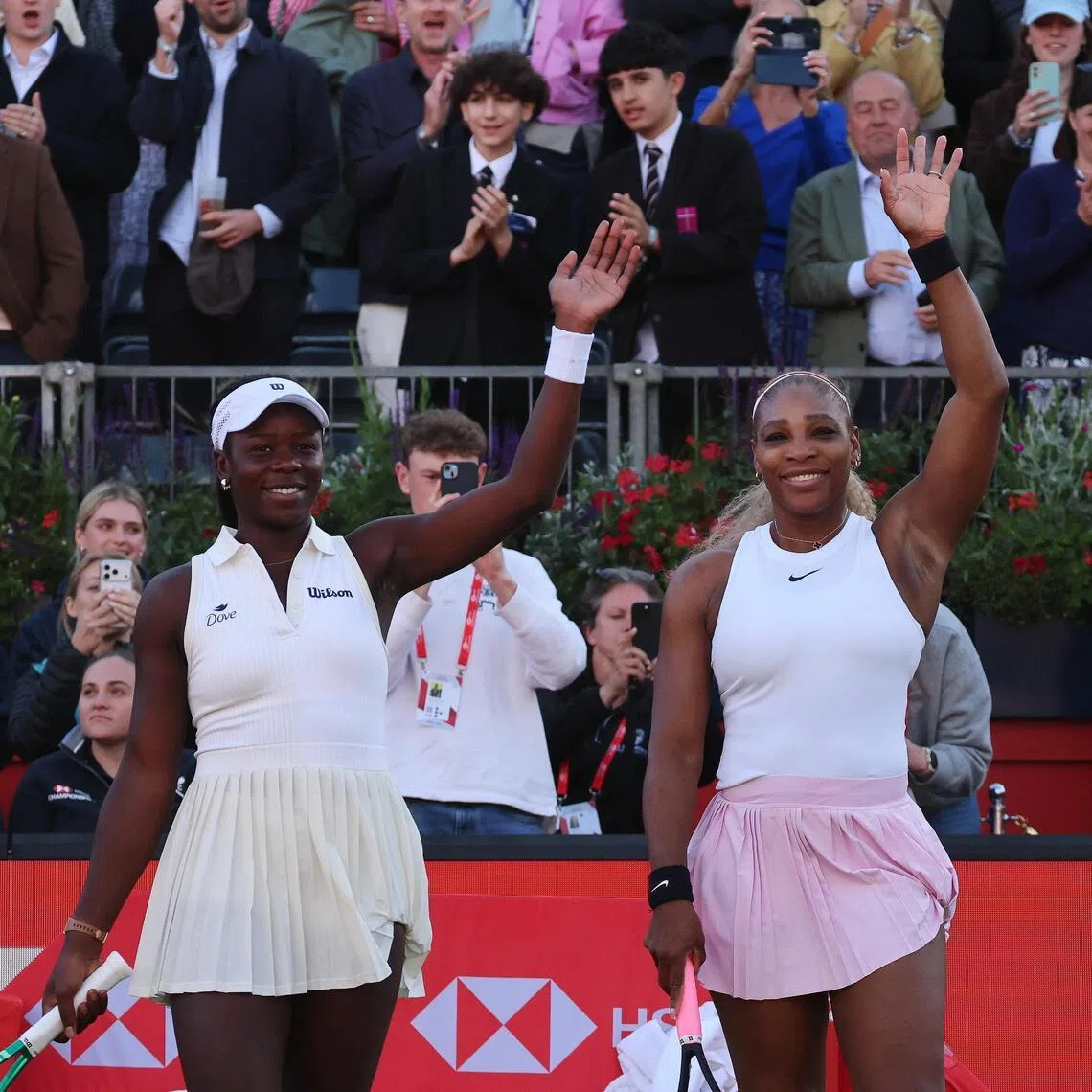 US tennis player Serena Williams (right) celebrating with Victoria Mboko of Canada after winning their doubles match against Nicole Melichar-Martinez of the US and Erin Routliffe of New Zealand at the HSBC Tennis Championships at Queens Club in London, Britain, on June 9.