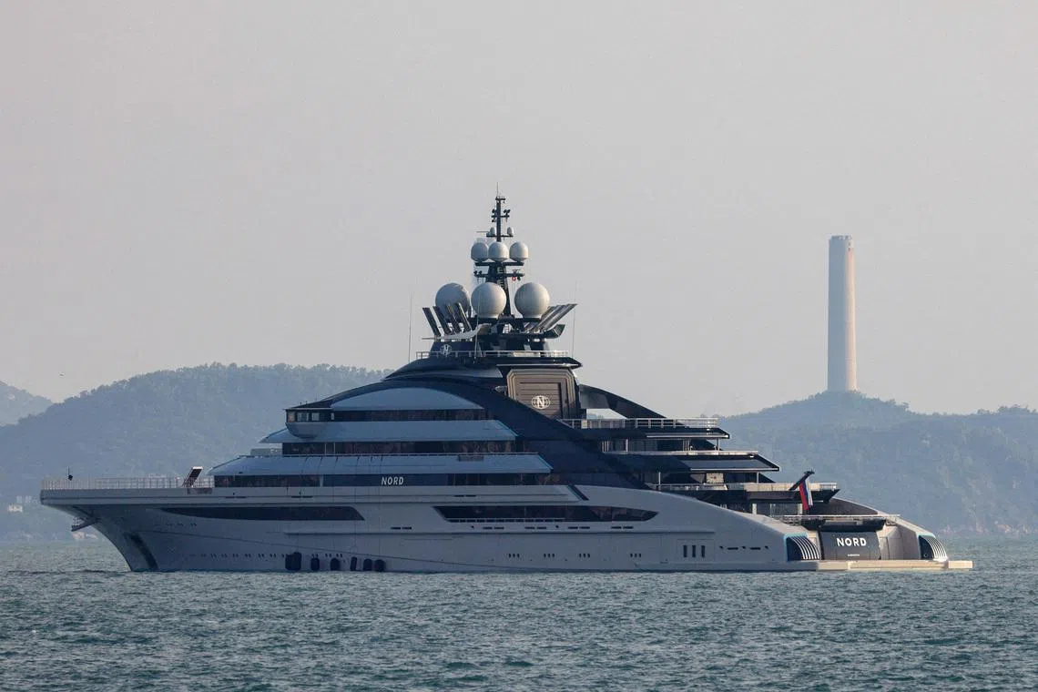 FILE PHOTO: The 465-foot superyacht \"Nord\", linked to the sanctioned Russian oligarch Alexey Mordashov is seen docked, in Hong Kong, China October 7, 2022. REUTERS/Tyrone Siu/File Photo