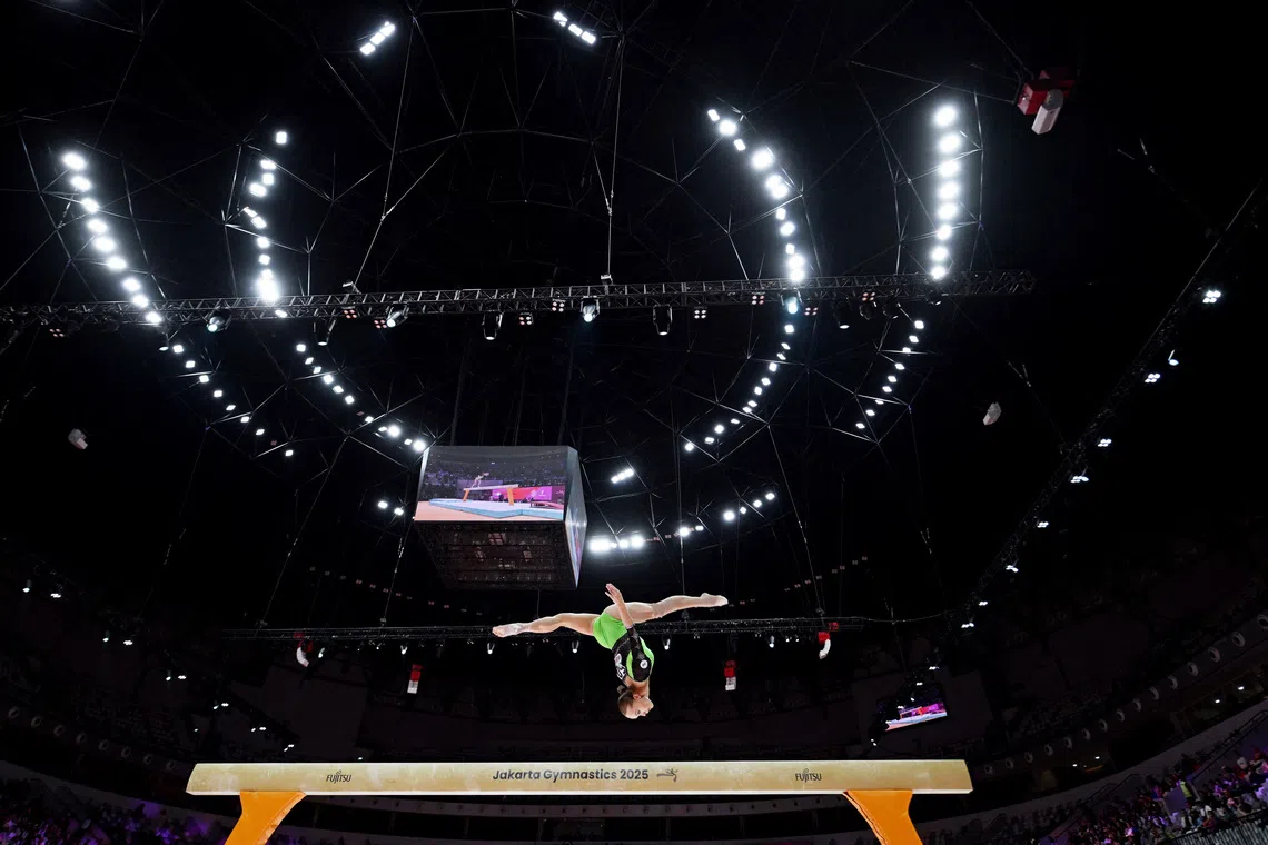Authorised Neutral Athlete's Angelina Melnikova in action during her balance beam exercise in the 2025 World Artistic Gymnastics Championships in the Indonesia Arena, Jakarta, Indonesia on Oct 23, 2025 .