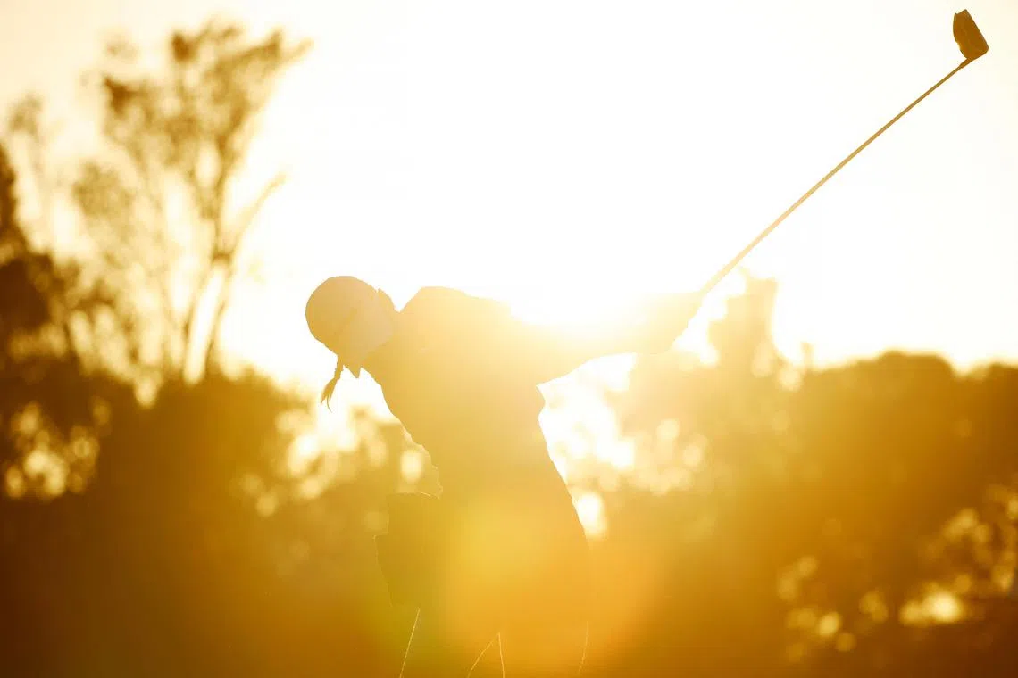 Charley Hull of England plays her shot from the 16th tee during the third round of the LPGA Annika tournament.