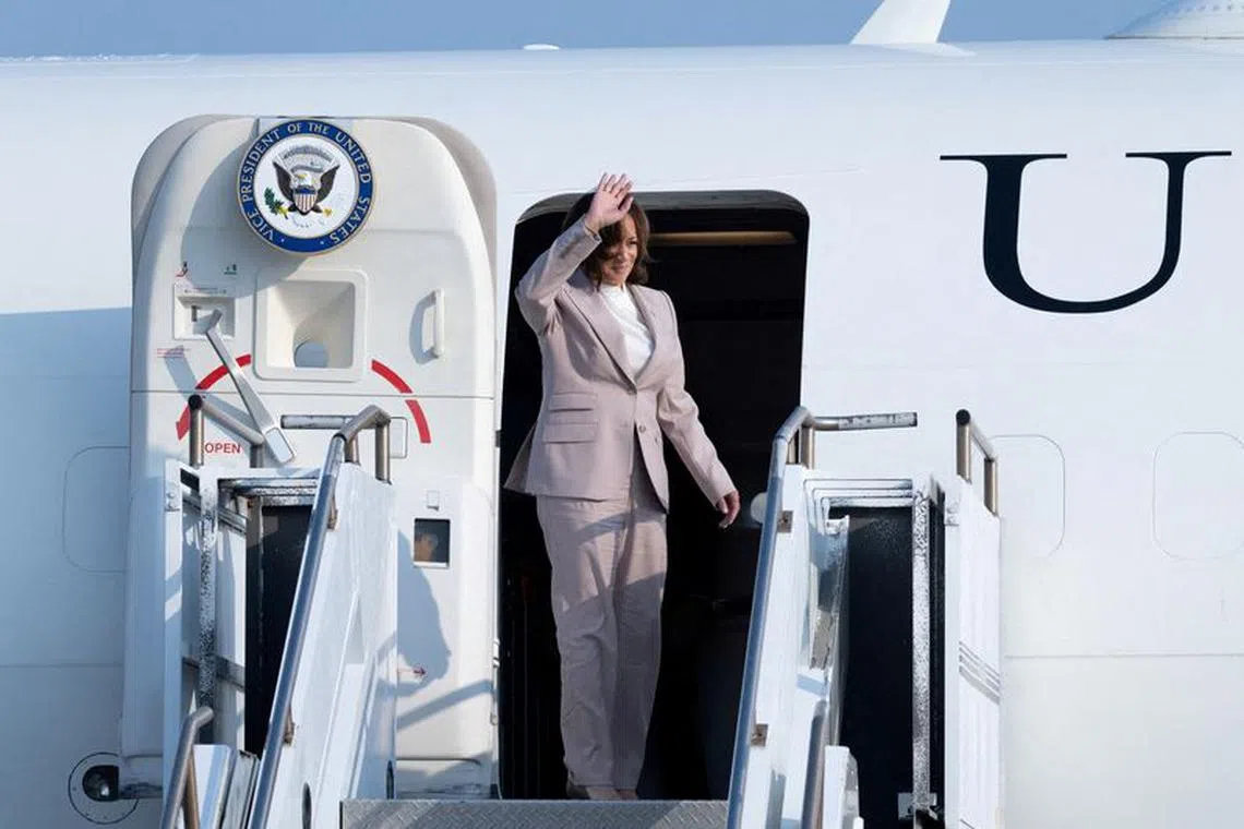FILE PHOTO: U.S. Vice President Kamala Harris gestures as she boards Air Force Two after attending the 43rd ASEAN Summit at the Soekarno-Hatta International Airport in Tangerang, Indonesia on September 7, 2023.  Yasuyoshi Chiba/Pool via REUTERS/File Photo/File Photo