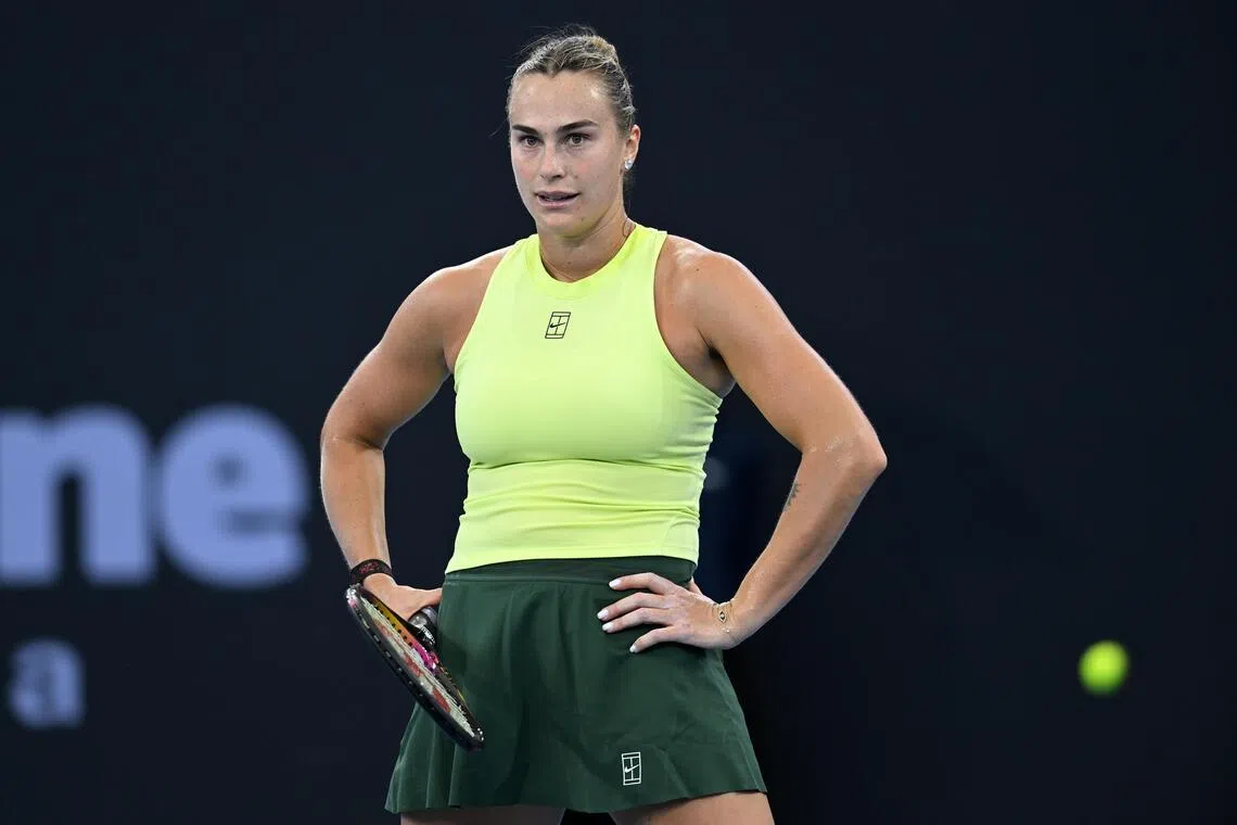 World No. 1 Aryna Sabalenka of Belarus reacting during her 6-3, 6-3 last-16 win over Sorana Cirstea of Romania at the Brisbane International tennis tournament at Pat Rafter Arena in Brisbane on Jan 8, 2026.