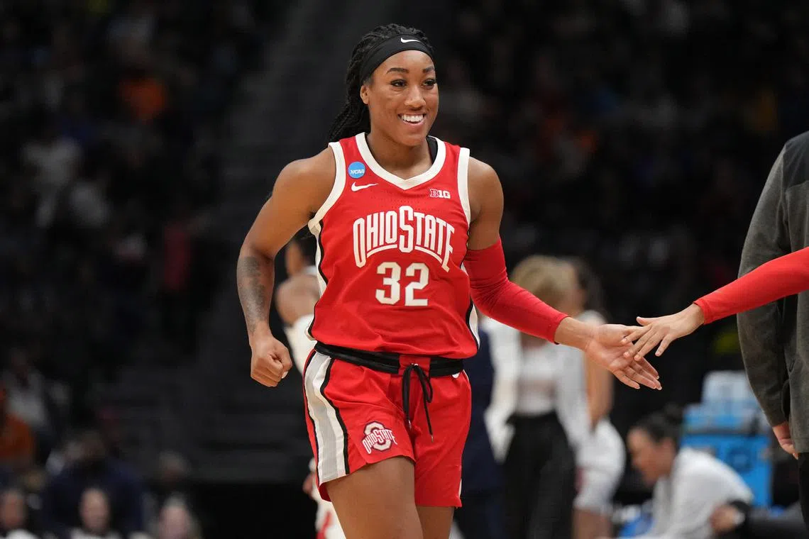 FILE PHOTO: Mar 25, 2023; Seattle, WA, USA; Ohio State Buckeyes forward Cotie McMahon (32) reacts against the UConn Huskies  in the second half at Climate Pledge Arena. Mandatory Credit: Kirby Lee-USA TODAY Sports/File Photo