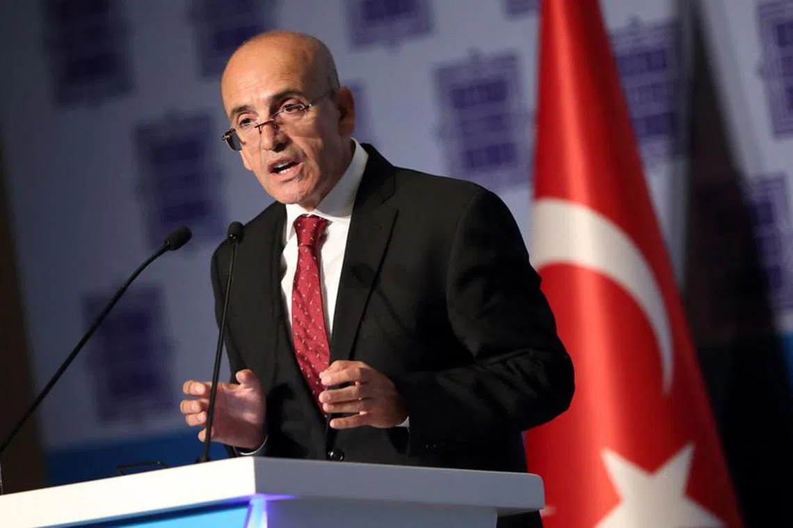 FILE PHOTO: Turkey's Finance Minister Mehmet Simsek speaks during the 66th General Assembly of Turkish Banks Association in Istanbul, Turkey August 17, 2023. REUTERS/Murad Sezer/File Photo