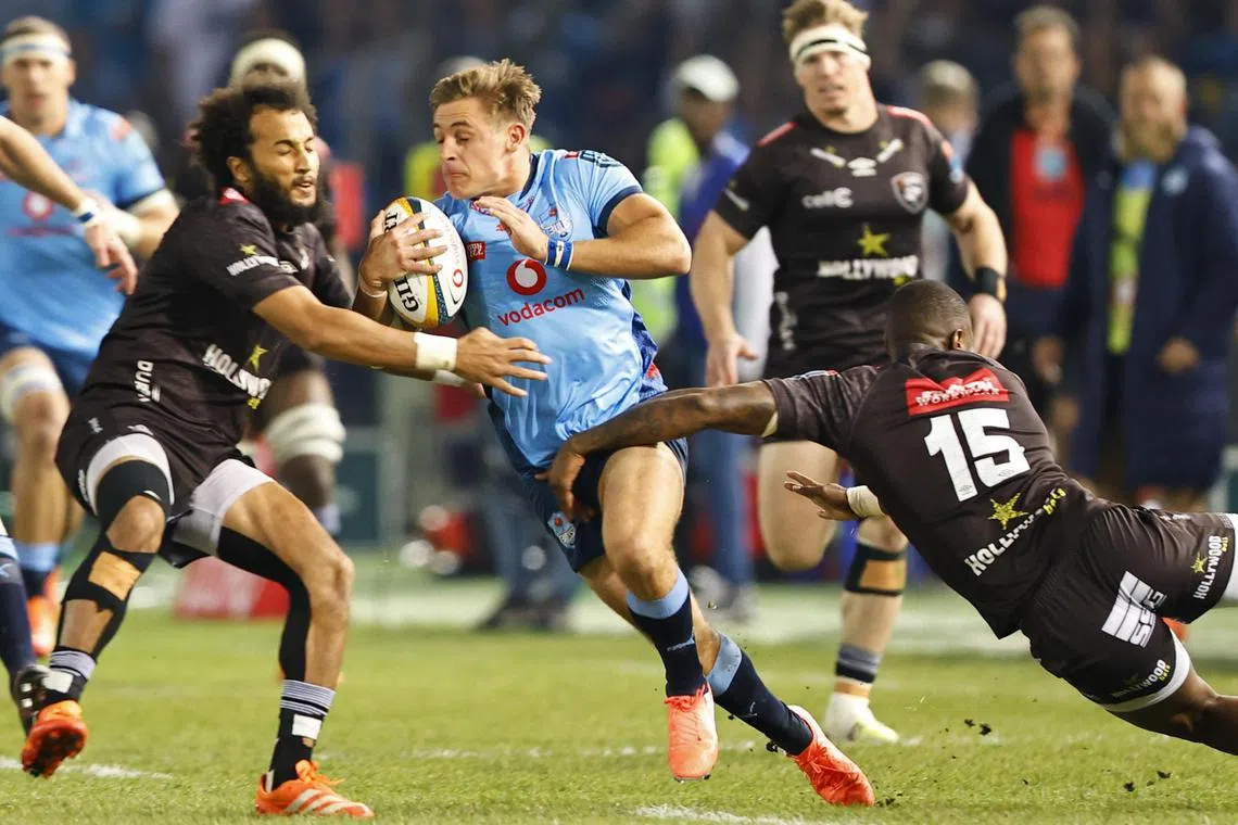 The Bulls' Sebastian de Klerk breaks the Sharks defence in the United Rugby Championship semi-final at the Loftus stadium in Pretoria, South Africa on June 7, 2025.