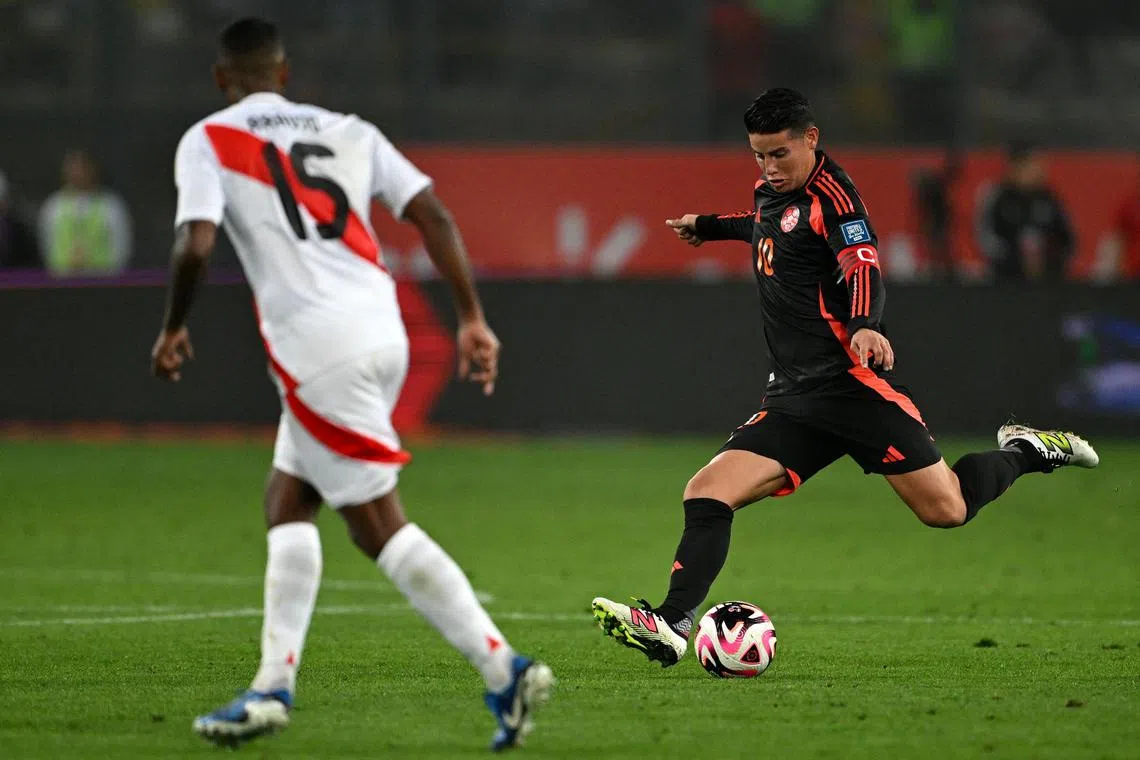 Colombia midfielder James Rodriguez, in action here during the 1-1 draw against Peru on Sept 6, assisted half of his country's 12 goals at the Copa America, with four of them coming via his set-piece deliveries.