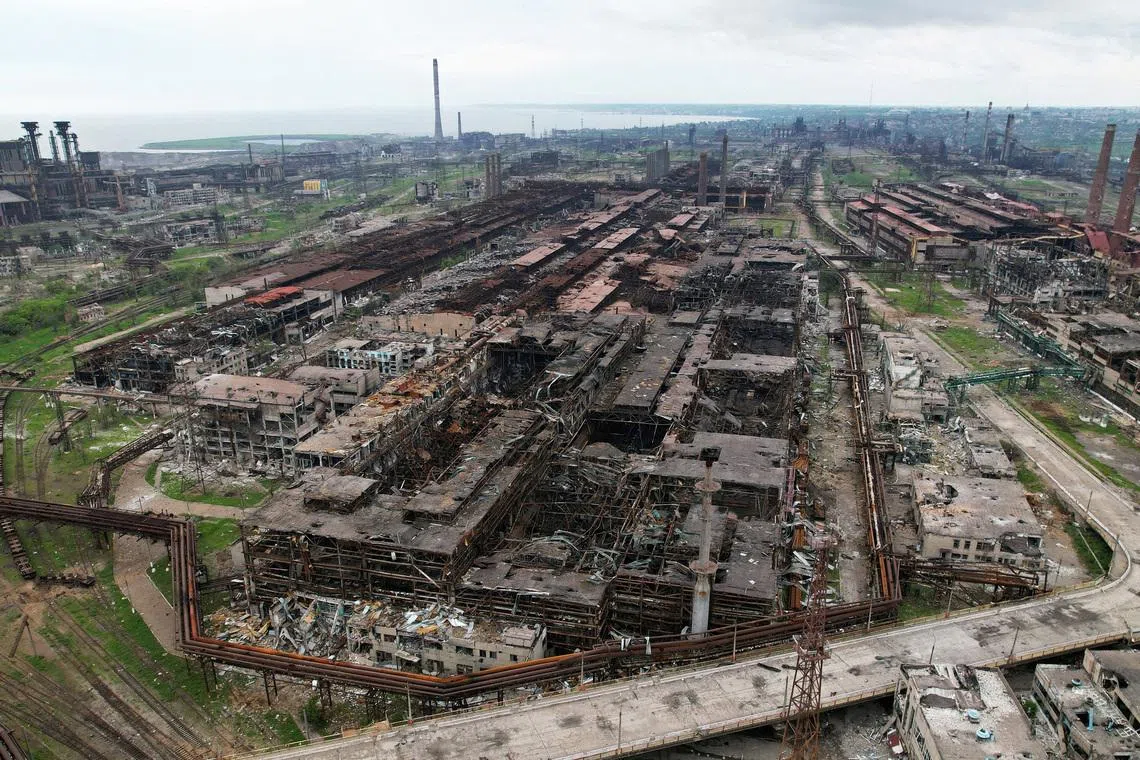 FILE PHOTO: A view shows destroyed facilities of Azovstal Iron and Steel Works during Ukraine-Russia conflict in the southern port city of Mariupol, Ukraine May 22, 2022. Picture taken with a drone. REUTERS/Pavel Klimov/File photo