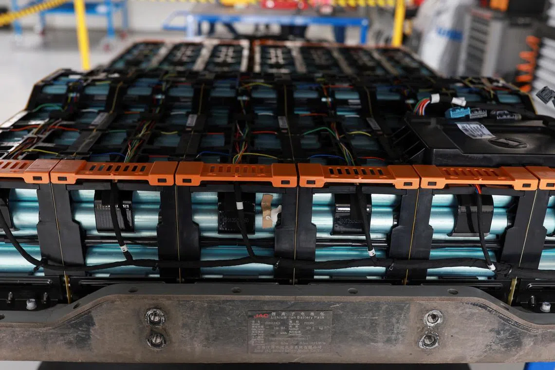 A lithium-ion battery pack is displayed during a media tour at the Chinese automaker JAC Motors plant in Mexico.
