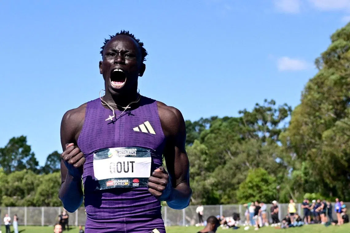FILE PHOTO: Athletics - Australian Athletics Championships - Sydney, Australia - April 12, 2026 Australia's Gout Gout celebrates after winning the mens 200m final and setting a new national record Dean Lewins/AAP Image via REUTERS/File Photo