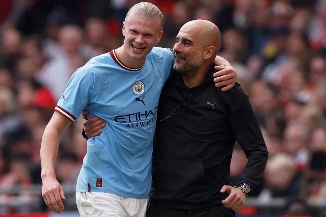 Manchester City striker Erling Haaland (left) is just two goals away from matching the all-time Premier League record of 34 goals in a season.